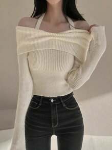 露肩长袖上衣，小众设计修身短款高领套头衫 - 杏色 - 查看 2