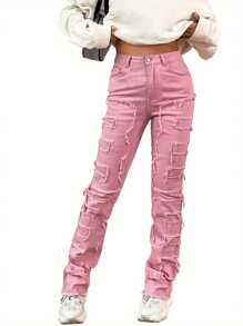 Women's Spring Autumn Denim Pants Solid Color Mid Rise Slim Fit Straight Leg Patch Jeans