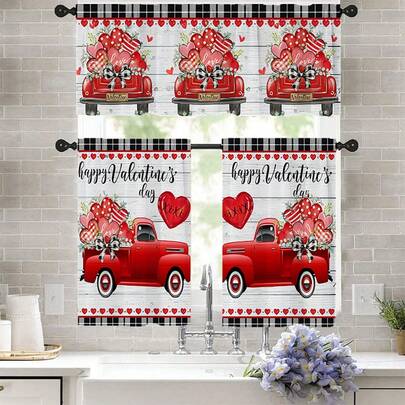 1pc/2pcs A Red Car Full Of Love XOXO Print Decorative Small Curtains Romantic Love Style Polyester Rod Pocket Print Curtain Valance Set 52in*18in,26in*36in,Valentine's Theme Four Seasons Kitchen Curtains Cafe Living Room Office Bedroom Home Decor Curtains Valentines Day Decorations,Valentine Window Decoration,Valentines Curtains