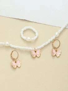 4pcs/Set Girls' Butterfly Beaded Necklace, Bracelet, Ring, Earrings Jewelry Set - Butterfly - View 6