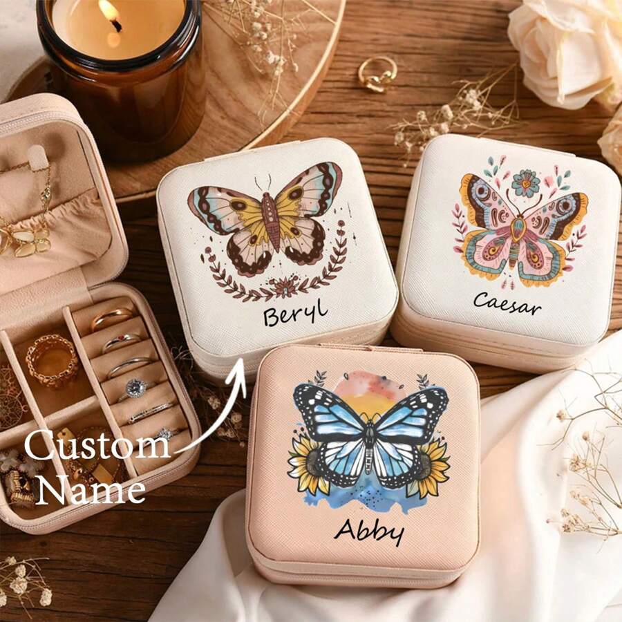1pc, Custom Personalized Butterfly Jewelry Box, Custom Name Jewelry Storage Box, Ring, Earrings, Bracelet, Necklace, Portable Jewelry Box, Lady Gift, Friend Gift, Birthday Gift Butterfly - Multicolor - View 1
