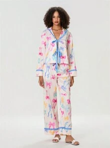 时尚女士可爱睡衣套装蝴蝶结印花荷叶边翻领 V 领系带上衣松紧腰长裤 2 件套春节 - 彩色 - 查看 6