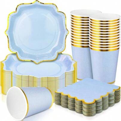 Set de 10/20/40/50 platos, vasos y servilletas con borde de concha en tonos pastel, artículos desechables de papel para fiesta, ducha, boda o cumpleaños, platos de papel desechables, servilletas en azul claro