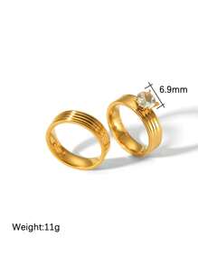 MESTILO 2pcs 18K Plated Stainless Steel 3D Cubic Zirconia Single Rhinestone Couple Rings, Suitable For Festival, Anniversary Gifts For Valentine's Day - Multicolor - View 5