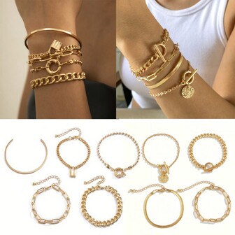 多层嘻哈风格镀黄金袖口手镯朋克链锁手链套装多层堆叠珠宝女士珠宝礼物