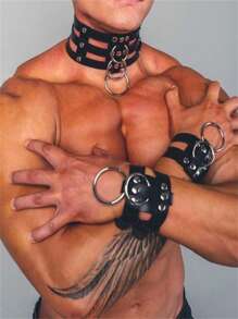 PU皮革男士背带颈手铐同志服装项圈节日狂欢服饰配饰哥特朋克手链（有轻微气味，通风一段时间后会消散） - 黑色 - 查看 8