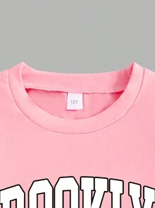 Tween Girls Lettering Graphic Print Short Sleeve T-Shirt & Leggings 2pcs Outfit - Baby Pink - View 4