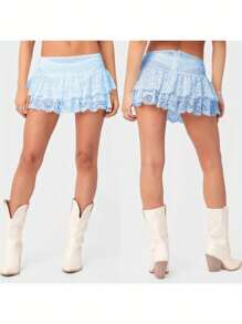 Falda de encaje floral con volantes para mujer, minifalda informal de verano para playa, vacaciones, club, ropa de calle, estética - Azul - Ver 4