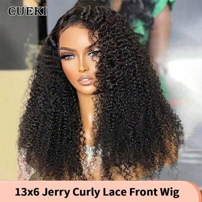 Peluca con encaje frontal rizado Jerry de CUEKI, mezcla de cabello humano 13x6, rizado rizado con encaje transparente, con cabello de bebé previamente desbrozado, pelucas rizadas para mujeres de 180 de densidad, negro natural (peluca bob de 8 pulgadas)