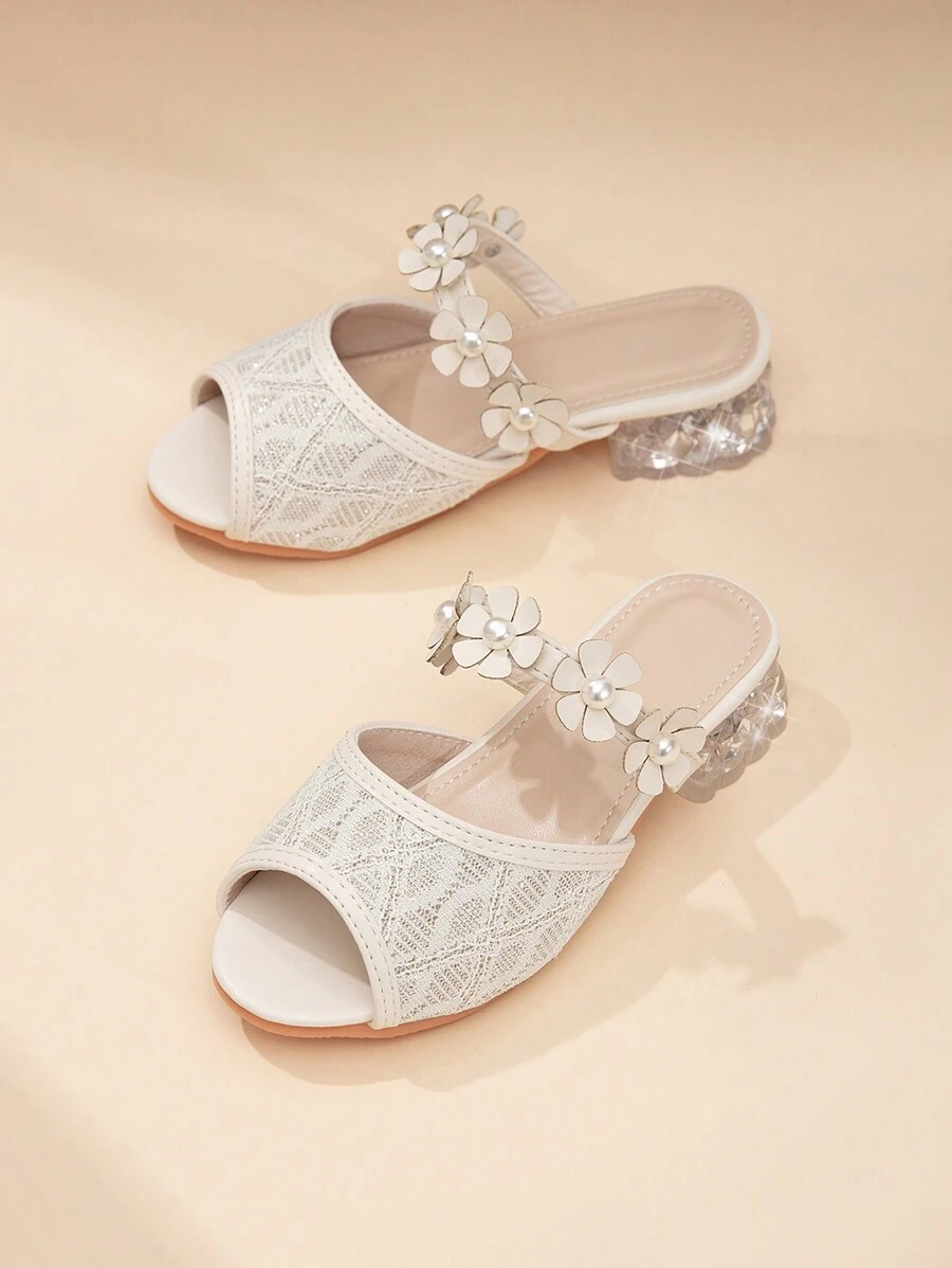 New Summer 1 Pair Fashion Little Girl Lace High Heel Dance Shoes, Girls Party Outdoor Performance Shoes, Wedding Princess Shoes, Suitable For Wedding, Party, High Heel Slippers, Sandals - Apricot - View 1