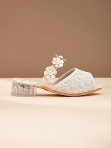 New Summer 1 Pair Fashion Little Girl Lace High Heel Dance Shoes, Girls Party Outdoor Performance Shoes, Wedding Princess Shoes, Suitable For Wedding, Party, High Heel Slippers, Sandals - Apricot - View 6