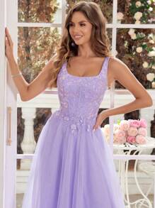 Rochie de bal strălucitoare cu fluture, din dantelă, lungă, cu decolteu pătrat, cu șiret, spate decoltată, linie A-line, pentru bal, petrecere, formală, de seară, pentru invitații la nuntă - Mov Mov - Vizualizare 7
