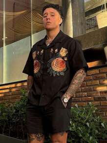 Men's Floral Print Polo Collar Short Sleeve Shirt, Fashion Summer