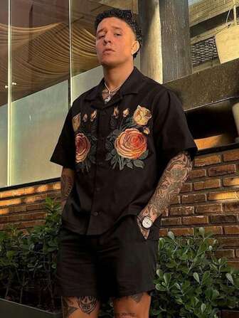 男士花卉印花 Polo 领短袖衬衫，时尚潮流夏季