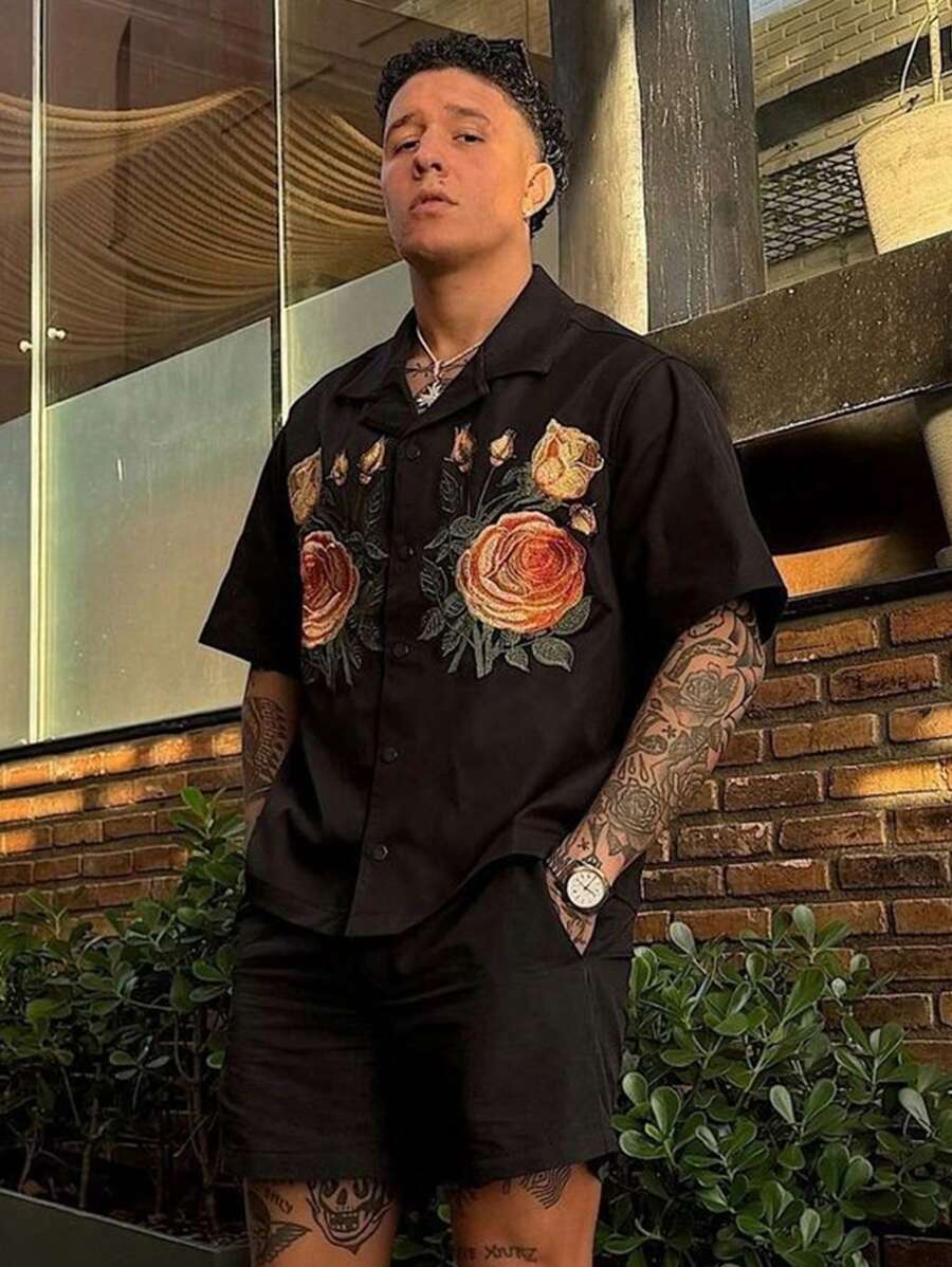 Men's Floral Print Polo Collar Short Sleeve Shirt, Fashion Summer