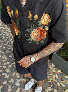 Men's Floral Print Polo Collar Short Sleeve Shirt, Fashion Summer