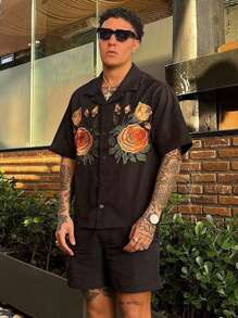 Men's Floral Print Polo Collar Short Sleeve Shirt, Fashion Summer