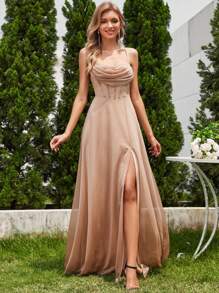 EVERPRETTY Women Solid Color Ruched Elegant Spaghetti Strap Slit Evening Dress, Formal, Party Dress, Gown, For Wedding Guest