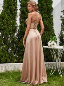 EVERPRETTY Women Solid Color Ruched Elegant Spaghetti Strap Slit Evening Dress, Formal, Party Dress, Gown, For Wedding Guest