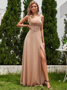 EVERPRETTY Women Solid Color Ruched Elegant Spaghetti Strap Slit Evening Dress, Formal, Party Dress, Gown, For Wedding Guest