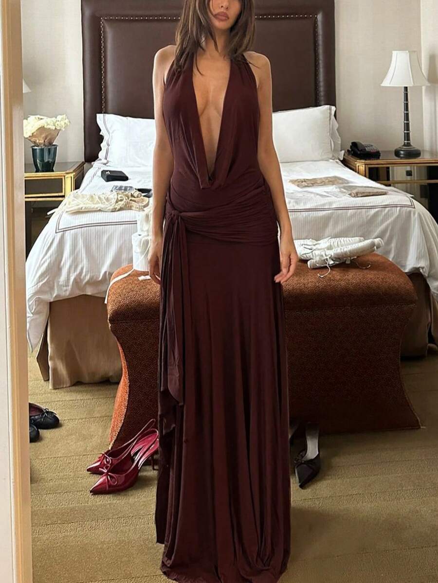Women's Lace-Up Backless Draped Neck Side Slit Dress, Formal, Party Dress, Gown, For Evening, Wedding Guest - Mocha Brown - View 1