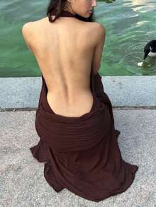 Women's Lace-Up Backless Draped Neck Side Slit Dress, Formal, Party Dress, Gown, For Evening, Wedding Guest - Mocha Brown - View 6
