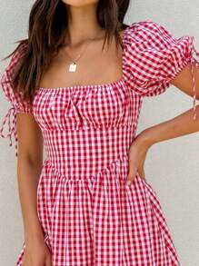 Women's Cute Playful Strawberry Check Bowknot Puff Sleeve Off Shoulder Square Neck Waisted A-Line Short Dress - Red - View 6