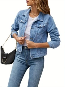 Women's Casual Oversized Denim Jacket, Long Sleeve Solid Color Button With Pockets Denim Jacket, Lapel Denim Jacket - Light Blue - View 1
