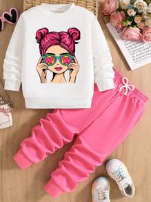 Tween Girls Cartoon Grafische Print Ronde Hals Sweatshirt En Broek