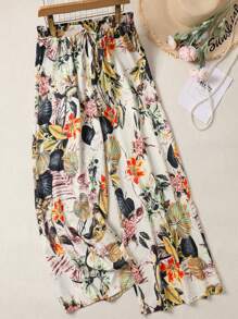 Plus Size Women's Digital Print Loose Fit Comfortable Straight Leg Pants - Yellow - View 1