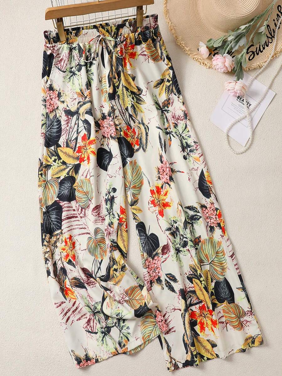 Plus Size Women's Digital Print Loose Fit Comfortable Straight Leg Pants - Yellow - View 1