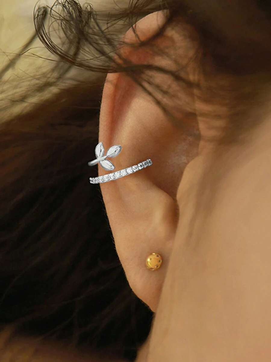 1pc Minimalist Luxury Diamond Encrusted Double Layer Wheat Ear Cuff - Antique Silver - View 1