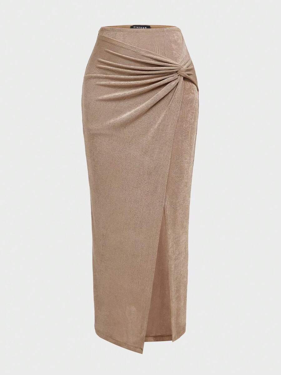 High-Waist Twisted Pleated Cross Front Design Slit Waist Fitted Knee-Length Pencil Skirt, Elegant & Fashionable For Women - Khaki - View 1