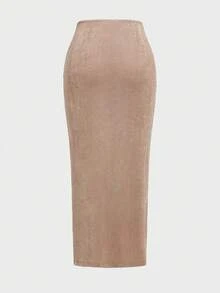 High-Waist Twisted Pleated Cross Front Design Slit Waist Fitted Knee-Length Pencil Skirt, Elegant & Fashionable For Women - Khaki - View 2