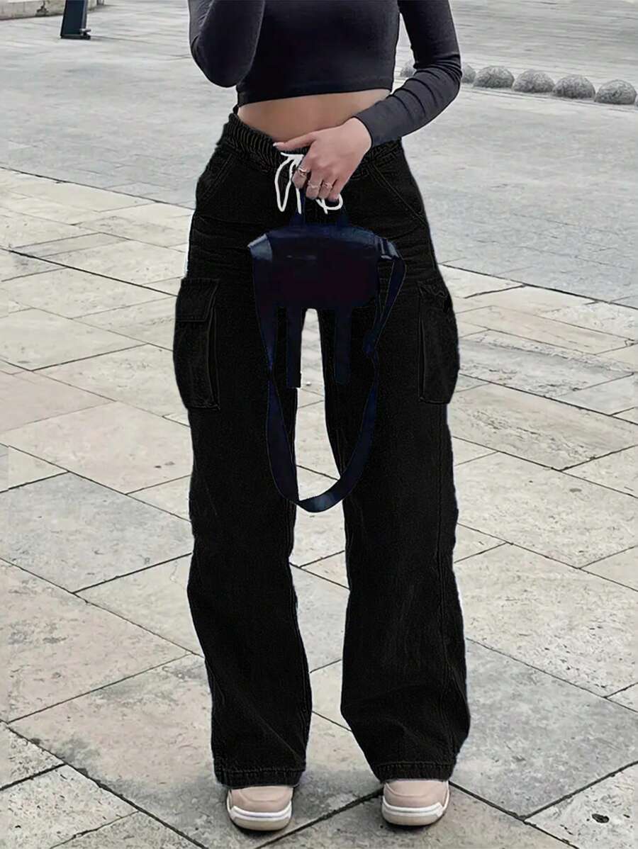 Women's High Waisted Baggy Jeans - Y2K Vintage Loose Wide Leg Denim Pants With Drawstring Waist, Multiple Pockets, Non-Stretch Casual Jeans For Women - 黑色 - 查看 1