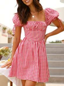 Women's Cute Playful Strawberry Check Bowknot Puff Sleeve Off Shoulder Square Neck Waisted A-Line Short Dress - Red - View 4