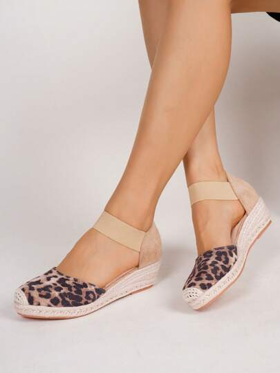 Women's Apricot Elastic Band Splice Round Toe Woven Raffia Wedge Sandals, Fashion