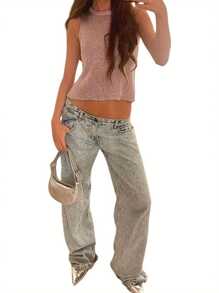 Women's Summer Short Skinny Vest Tops Solid Color Sleeveless O Neck Sheer Crop Tops - Hồng - Xem 2