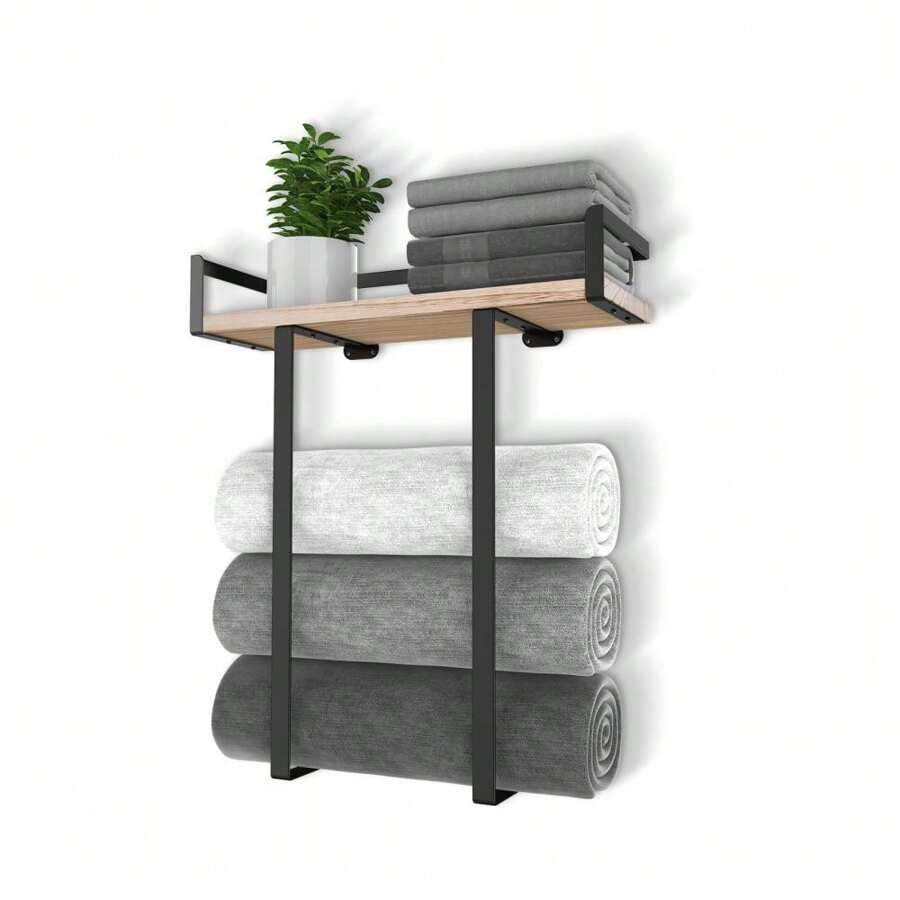 Porte-serviettes en bois et en fer pour salle de bain, étagère murale de rangement pour serviettes et finition, décoration de salle de bain, organisateur de salle de bain, accessoires de salle de bain - Multicolore - Voir 1