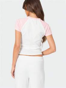 Women Y2K Jersey Baby Tees Tops Number Print Short Raglan Sleeve Crewneck T Shirts Crop Tops Summer Slim Fit Shirt Going Out Tops Streetwear - 粉色 - 查看 2