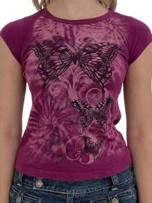 Women Short Sleeve Graphic Tees Y2K Vintage Aesthetic Gothic Tops Emo Teen Girls 2000s Streetwear Crew Neck Slim Fitted Shirts Going Out Outfits 1 Pcs 140g Rams 95% Polyester 5% Cotton Top - 紫紅 - 查看 1