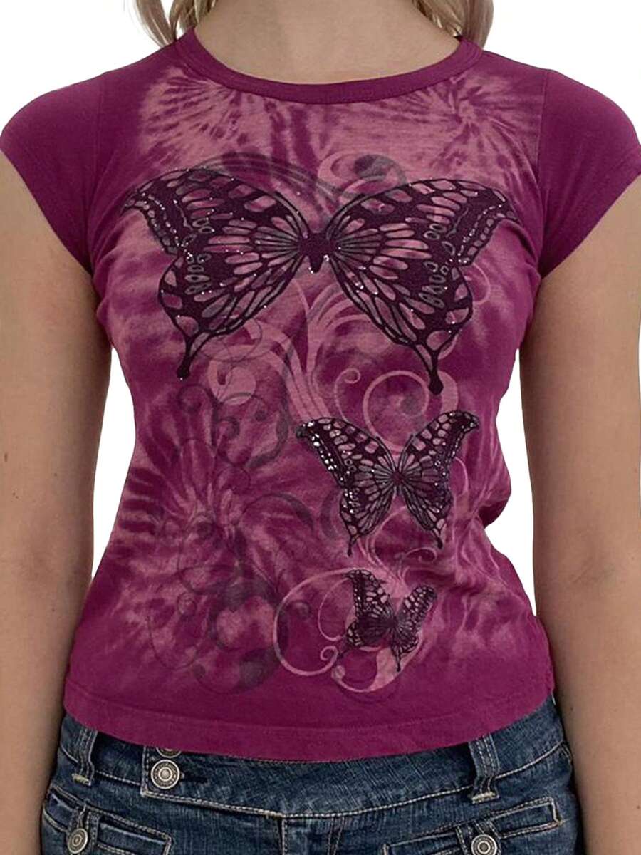 Women Short Sleeve Graphic Tees Y2K Vintage Aesthetic Gothic Tops Emo Teen Girls 2000s Streetwear Crew Neck Slim Fitted Shirts Going Out Outfits 1 Pcs 140g Rams 95% Polyester 5% Cotton Top - 紫紅 - 查看 1