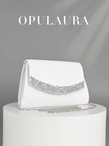 OpulAura Women's Elegant Autumn/Winter Luxury Velvet Flap Clutch, Sparkling Rhinestone Decor Minimalist Fashion Handbag, Suitable For Formal Occasions, Party/Wedding/Events, Birthday/Christmas Gift, With Detachable Chain - White - View 2