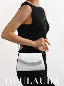 OpulAura Women's Elegant Autumn/Winter Luxury Velvet Flap Clutch, Sparkling Rhinestone Decor Minimalist Fashion Handbag, Suitable For Formal Occasions, Party/Wedding/Events, Birthday/Christmas Gift, With Detachable Chain - White - View 9