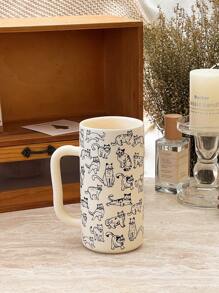 Cute Cat Pattern Ceramic Mug, Single Piece In Black Or Beige Tall Style Coffee Cup With Large Handle, Adorable Animal Print Tea Cup, Essential For Cat Lovers, Christmas Series Gift, Home, Office, Kitchen Decor And Holiday Present - Multicolor - View 5