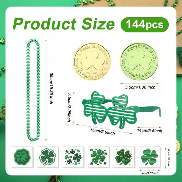 144pcs St. Patrick's Day Party Favors Set - Irish Window Clings, Shamrock Necklaces, Gold Coin Stickers