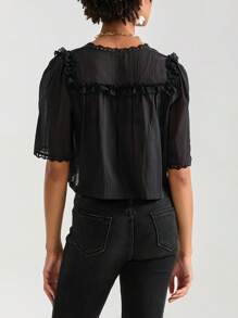 Women Short Sleeve Shirts Lace Ruffles Buttons Blouses Summer Loose Casual Tops - Black - View 5