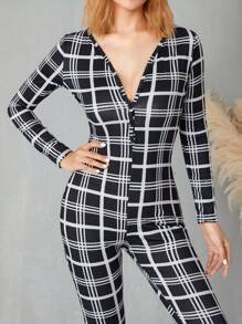 Valentine's Day Women's V Neck Button Long Sleeve Jumpsuit Lips Print Bodycon Bodysuit Romper