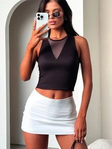 Women's Solid Color Mesh Splice Fitted Sleeveless Tank Top Summer Outfits For Women - Black - View 3