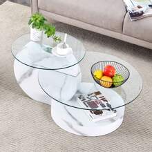 MUUOKY 35 Inch Double Layer Coffee Table Round - Tempered Glass Tabletop, White Coffee Tables With Imitation Marble Legs, Modern Practical Art Decor Design Table For Living Room & Bedroom, For Small Space Home Office, Cafe, Office, Set For Christmas Parties, Room Decor, Easy To Assemble, Christmas Decor, Christmas Decorations, Christmas Gifts, Christmas Home, Christmas Decor Home - 白色 - 查看 3